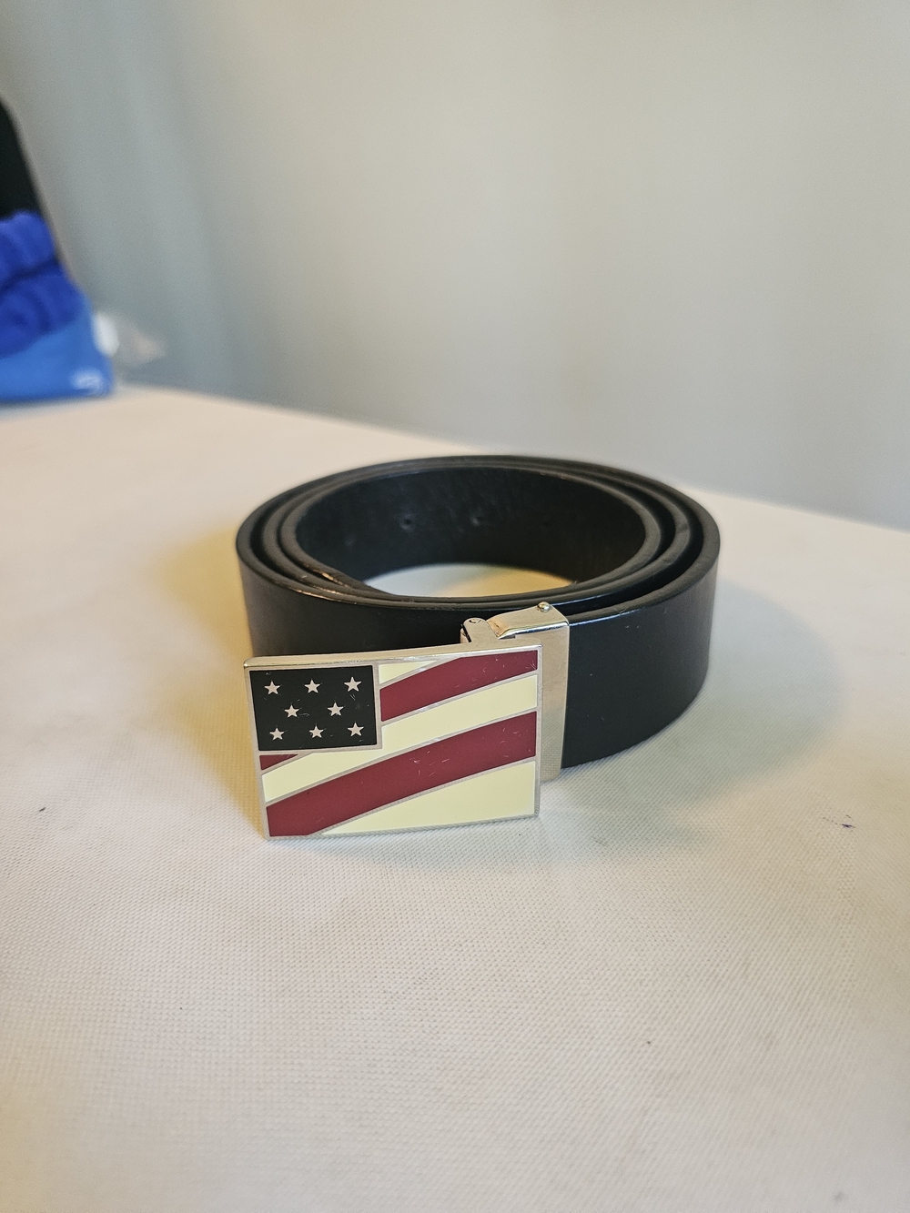 Collectable Burrerry Black Leather Belt with American Flag Buckle
